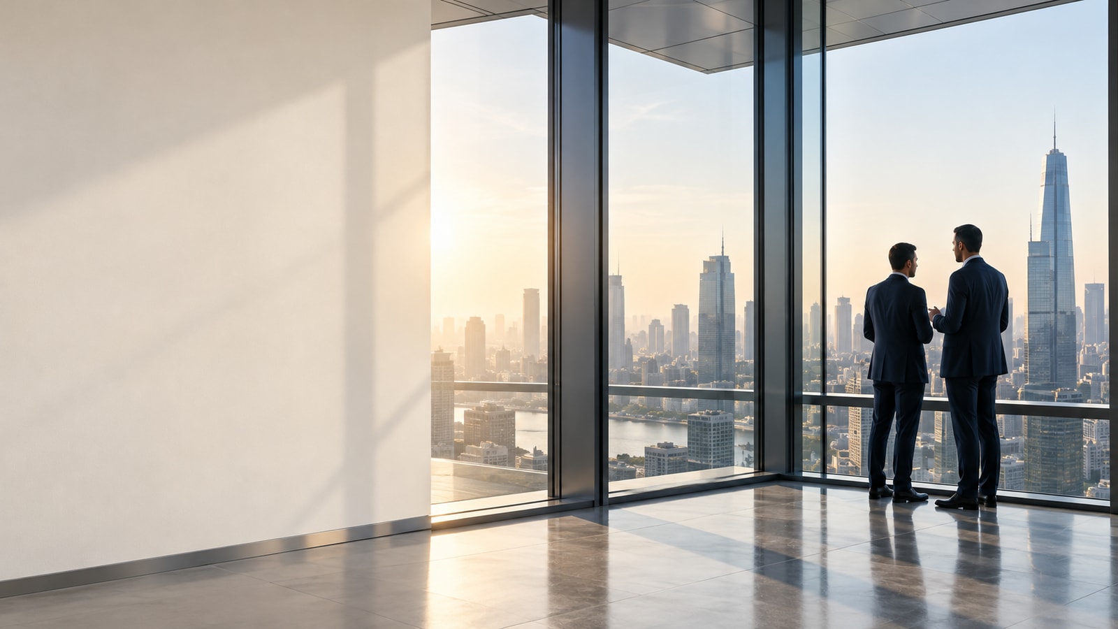 Two colleagues in a high-rise office looking out over a city skyline at sunrise